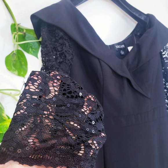 New XSCAPE  Formal Dress Black Small High Slit Long Lace Sequin Sleeves V-Neck - Picture 6 of 12